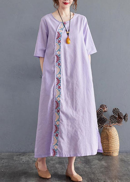 Comfy Comfy Light Purple Embroidery Cotton Linen Maxi Summer Dress - SooLinen