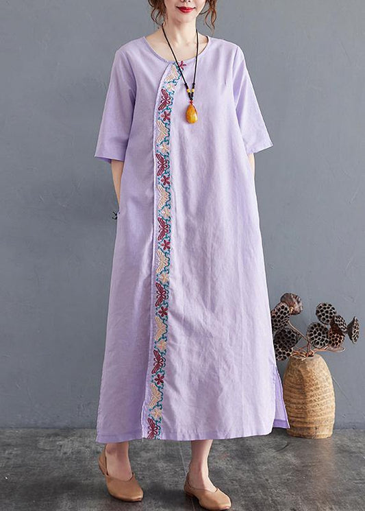 Comfy Comfy Light Purple Embroidery Cotton Linen Maxi Summer Dress - SooLinen