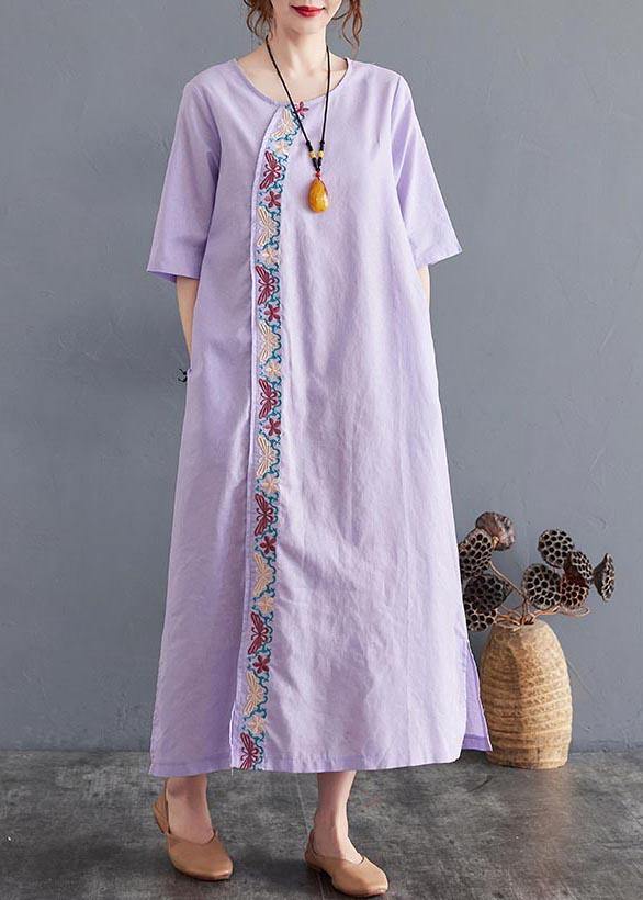 Comfy Comfy Light Purple Embroidery Cotton Linen Maxi Summer Dress - SooLinen