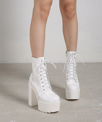 Comfy Cross Strap Chunky Boots White Faux Leather