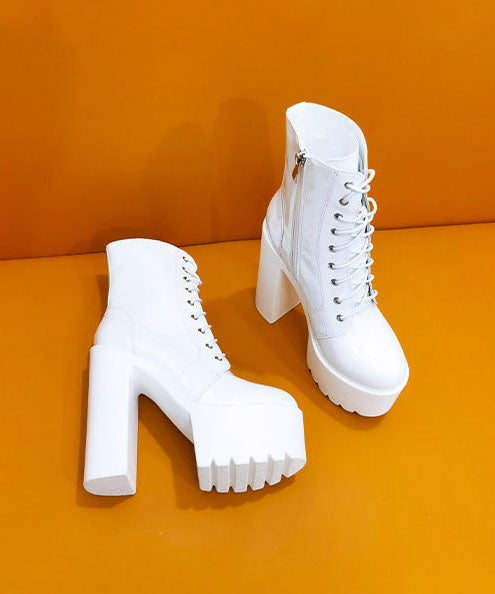 Comfy Cross Strap Chunky Boots White Faux Leather