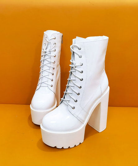 Comfy Cross Strap Chunky Boots White Faux Leather
