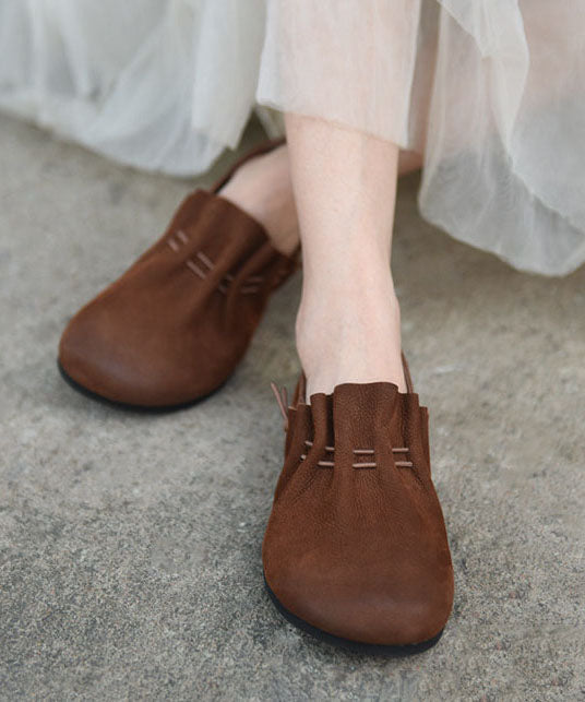Comfy Drawstring Flat Shoes Coffee Genuine Leather
