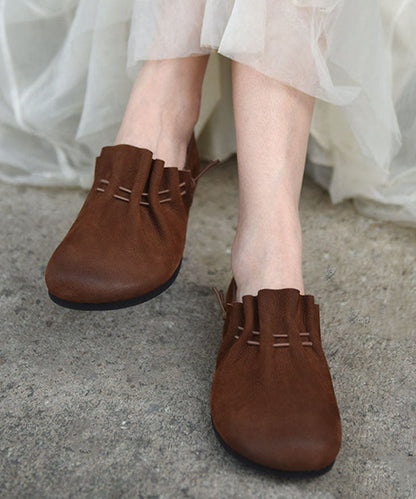 Comfy Drawstring Flat Shoes Coffee Genuine Leather
