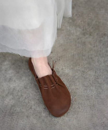 Comfy Drawstring Flat Shoes Coffee Genuine Leather
