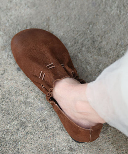 Comfy Drawstring Flat Shoes Coffee Genuine Leather