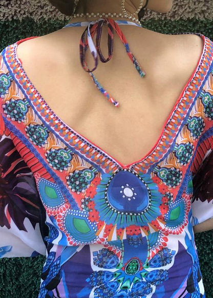 Comfy Print Backless Chiffon tie Beach Gown Summer Dress - SooLinen