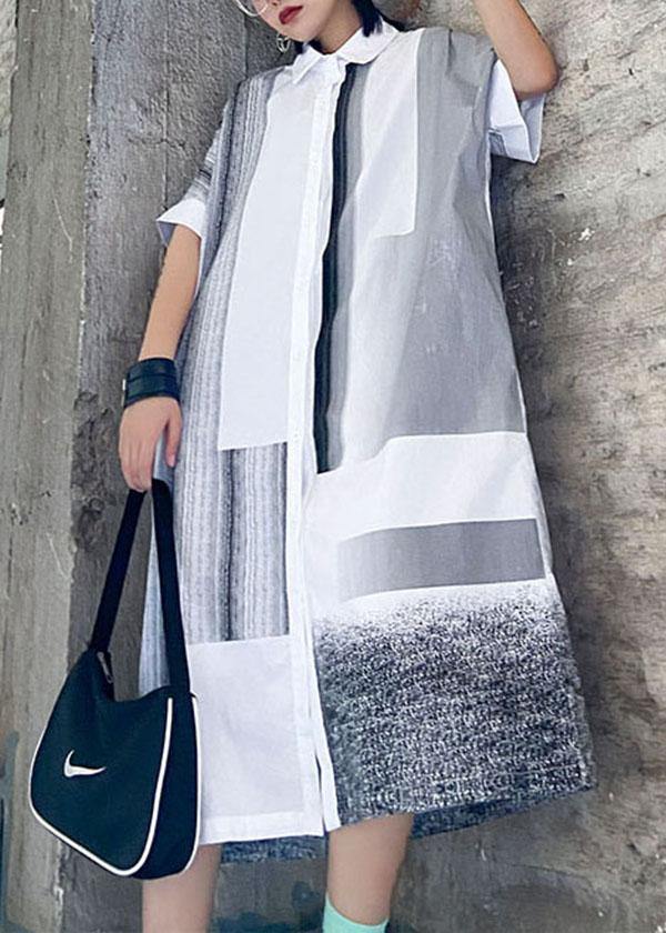 Comfy WhiteLoose Peter Pan Collar Summer Short Sleeve Cotton Mid Dress - SooLinen