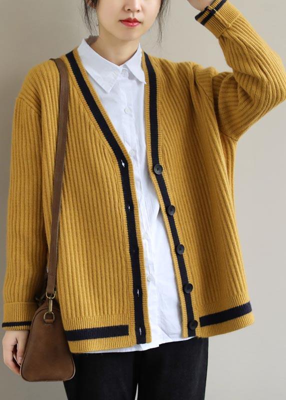 Comfy Yellow Knit Blouse V Neck Button Down Trendy Spring Knitwear - SooLinen