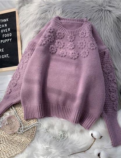 Comfy beige knitted top o neck embroidery oversize knit tops - SooLinen