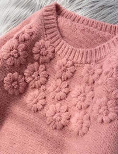 Comfy beige knitted top o neck embroidery oversize knit tops - SooLinen