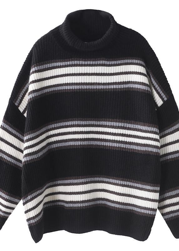 Comfy black striped clothes oversized winter sweaters high neck - SooLinen