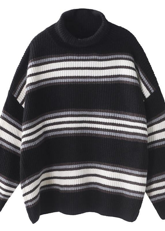 Comfy black striped clothes oversized winter sweaters high neck - SooLinen