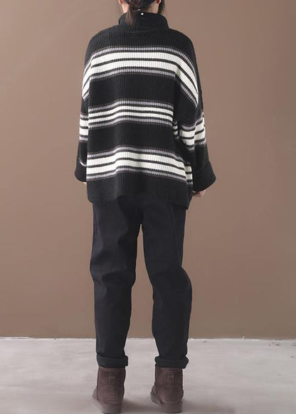 Comfy black striped clothes oversized winter sweaters high neck - SooLinen