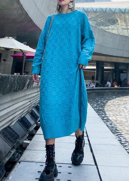 Comfy blue Sweater dress outfit Classy winter Mujer o neck knit dresses - SooLinen
