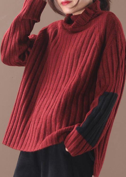 Comfy burgundy knit blouse patchwork sleeve plus size high neck knit tops - SooLinen