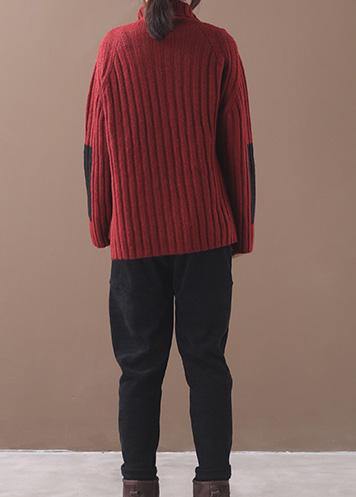 Comfy burgundy knit blouse patchwork sleeve plus size high neck knit tops - SooLinen