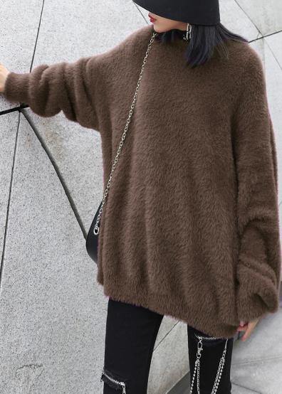 Comfy chocolate knit sweat tops trendy plus size o neck baggy clothes - SooLinen