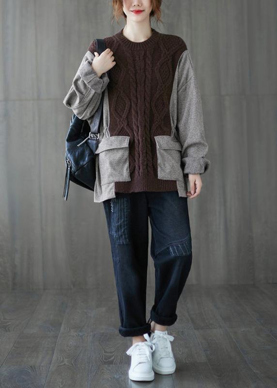 Comfy fall chocolate knitted blouse plus size o neck patchwork knitted t shirt - SooLinen