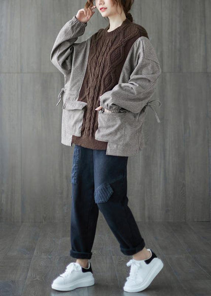 Comfy fall chocolate knitted blouse plus size o neck patchwork knitted t shirt - SooLinen