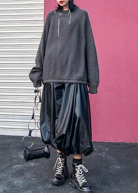 Comfy gray knit tops wild oversize zippered knit tops - SooLinen