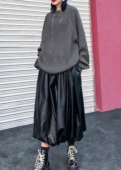 Comfy gray knit tops wild oversize zippered knit tops - SooLinen