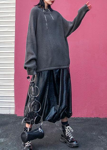 Comfy gray knit tops wild oversize zippered knit tops - SooLinen