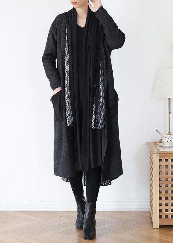Comfy gray knitted coat fall fashion patchwork knitwear - SooLinen