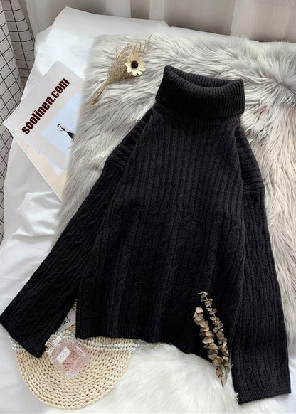 Comfy high neck Solid color knitted blouse Loose fitting thick knit blouse - SooLinen