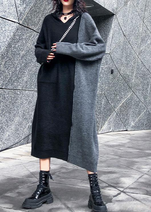 Comfy hooded patchwork  Sweater outfits Largo black sweater dresses - SooLinen