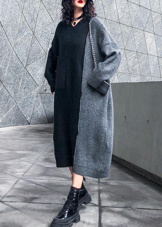 Comfy hooded patchwork  Sweater outfits Largo black sweater dresses - SooLinen