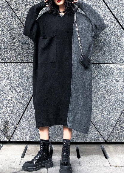Comfy hooded patchwork  Sweater outfits Largo black sweater dresses - SooLinen