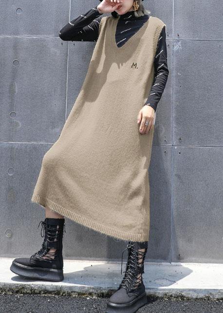 Comfy khaki Sweater knit top pattern Vintage sleeveless Big fall knit dress - SooLinen