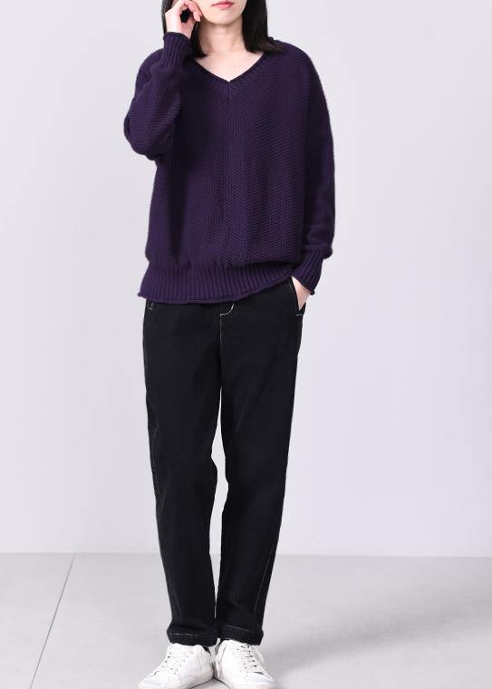 Comfy long sleeve sweater Loose fitting purple knit tops v neck - SooLinen