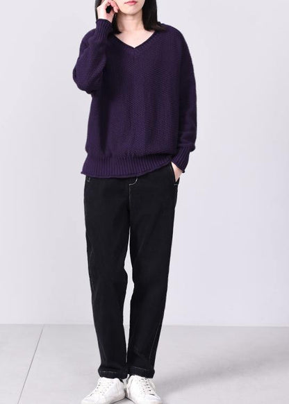 Comfy long sleeve sweater Loose fitting purple knit tops v neck - SooLinen