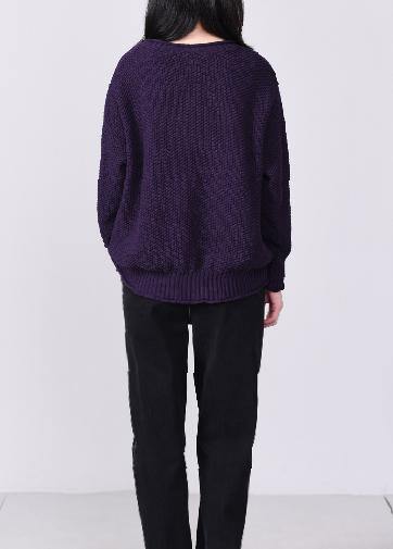 Comfy long sleeve sweater Loose fitting purple knit tops v neck - SooLinen