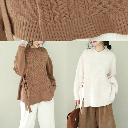 Comfy o neck Bow Sweater tops plus size brown Big knitwear