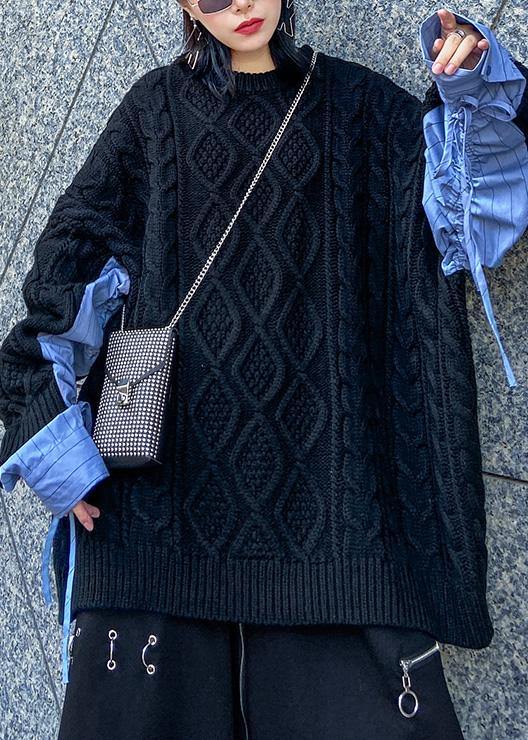 Comfy patchwork black knit sweat tops plus size clothing o neck sweater tops - SooLinen