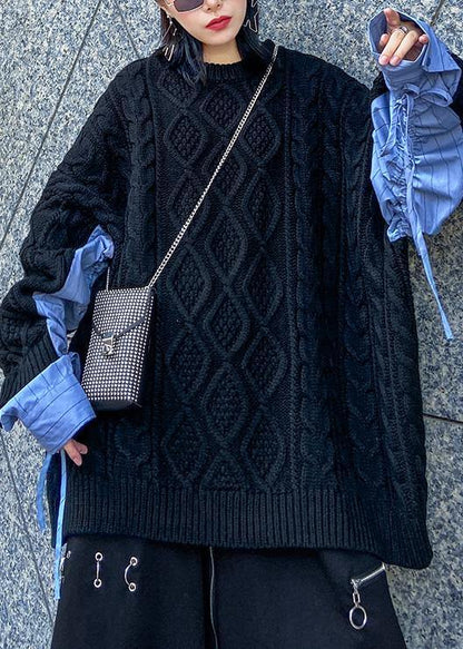 Comfy patchwork black knit sweat tops plus size clothing o neck sweater tops - SooLinen