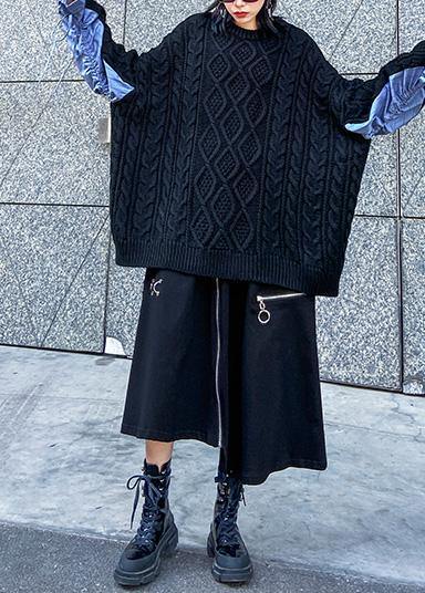 Comfy patchwork black knit sweat tops plus size clothing o neck sweater tops - SooLinen