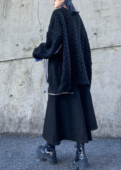 Comfy patchwork black knit sweat tops plus size clothing o neck sweater tops - SooLinen