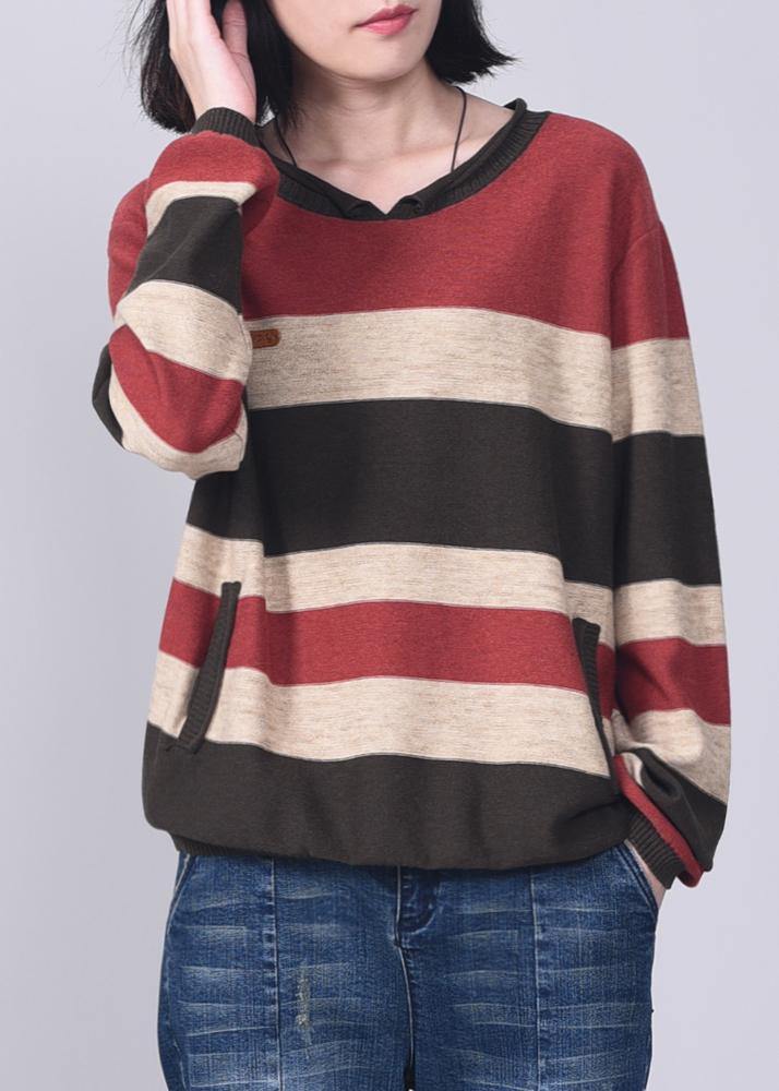 Comfy patchwork knit t shirt plus size autumn sweater red - SooLinen