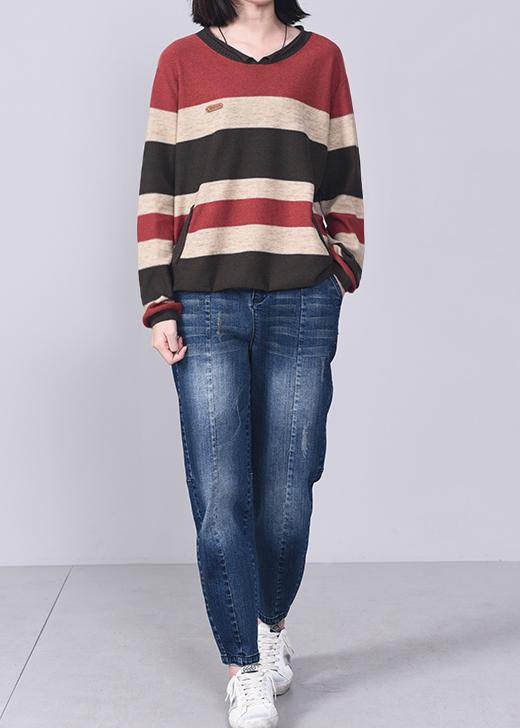 Comfy patchwork knit t shirt plus size autumn sweater red - SooLinen