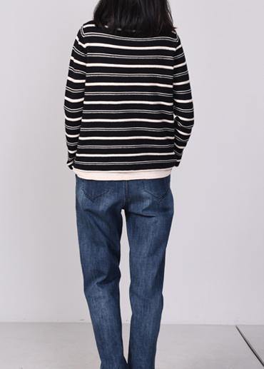 Comfy striped knitted tops oversize high neck sweater black autumn - SooLinen