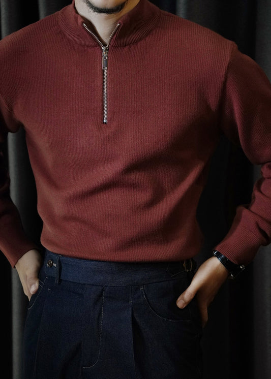 Cool Red Stand Collar Zip Up Knit Men Sweater Tops Winter