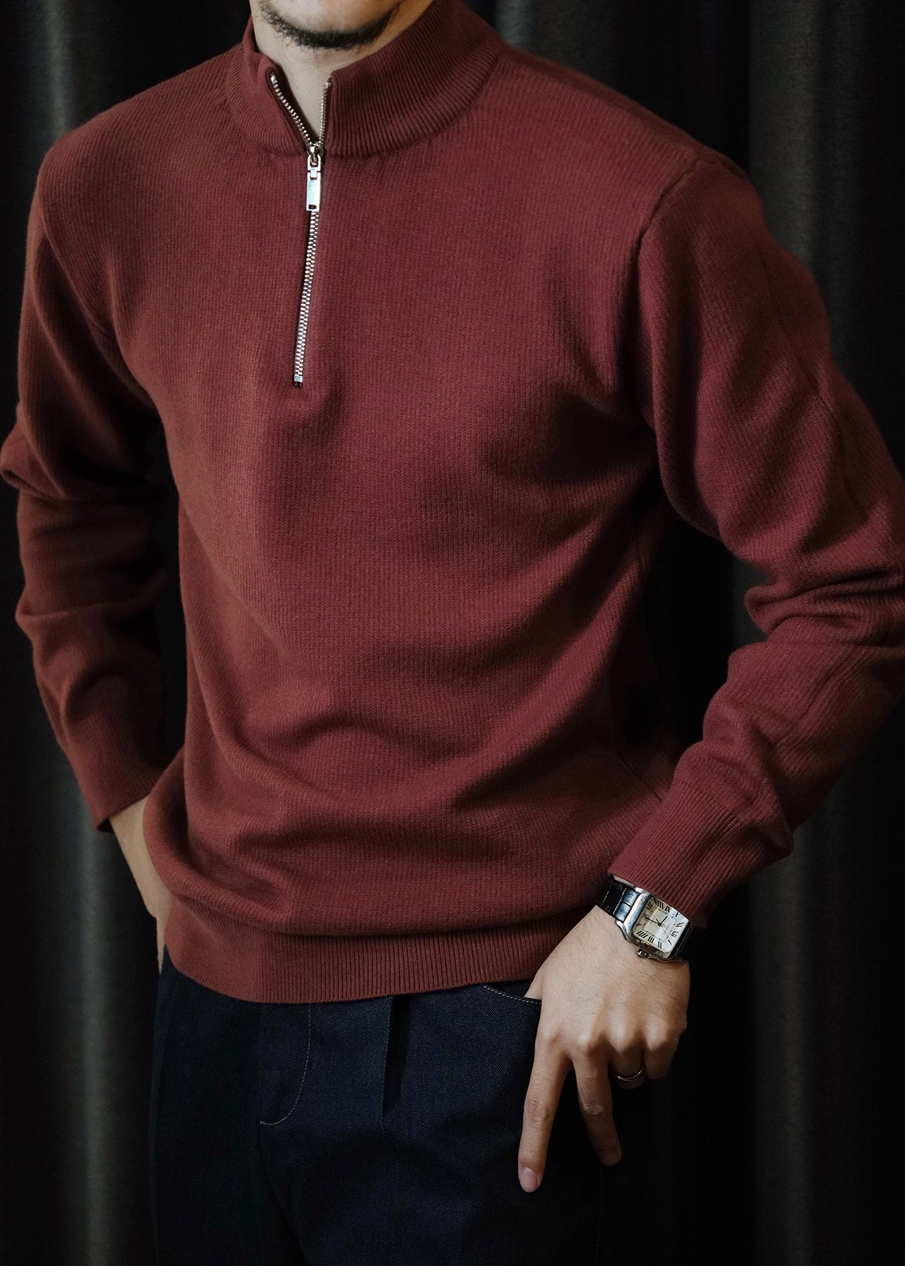 Cool Red Stand Collar Zip Up Knit Men Sweater Tops Winter