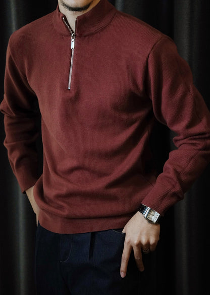 Cool Red Stand Collar Zip Up Knit Men Sweater Tops Winter