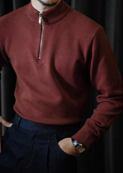 Cool Red Stand Collar Zip Up Knit Men Sweater Tops Winter