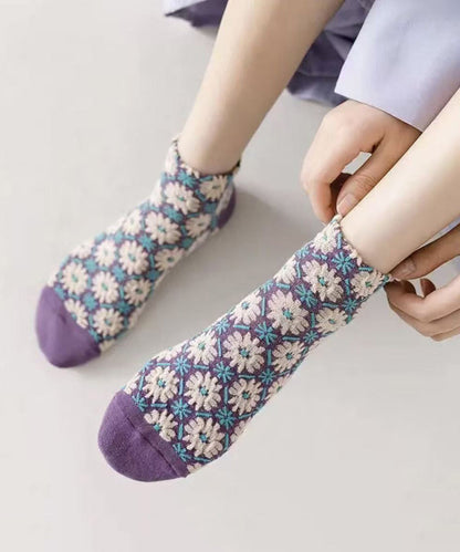 Countryside Style Flower Jacquard Cotton Ankle Socks