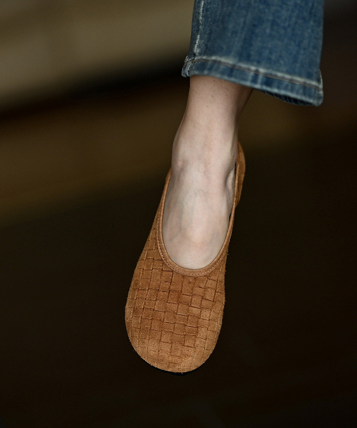 Cowhide Leather Flat Feet Shoes Brown Weave Flat Feet Shoes